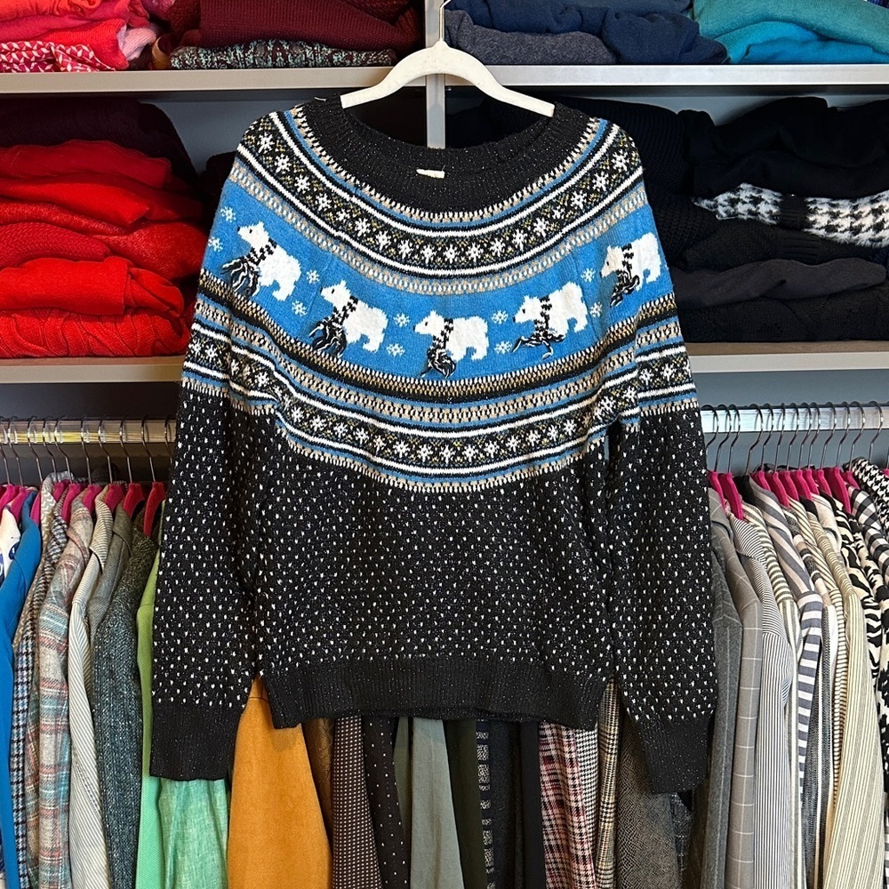 Holiday Time black/blue fair isle long sleeve crew neck sweater size S